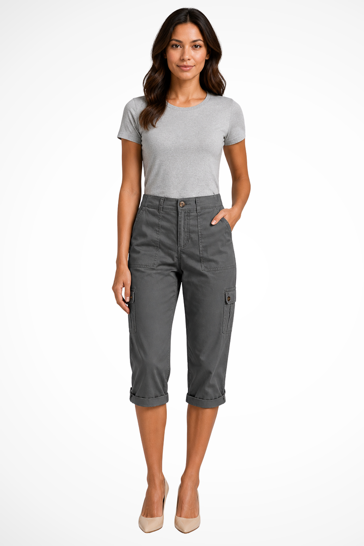 Stylish women's cropped cargo capri pants, ideal for summer adventures and travel outfits.