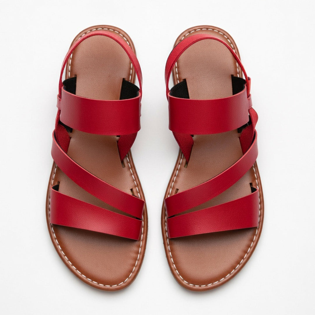 Top view: Women's casual flat sandals, open toe, with chic crossover straps for summer comfort.