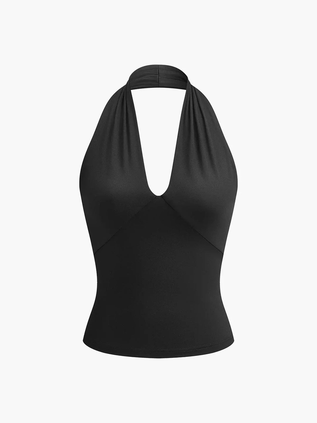 Stylish women's sleeveless V-neck halter top for casual wear. Ideal for everyday fashion and spring outfits.