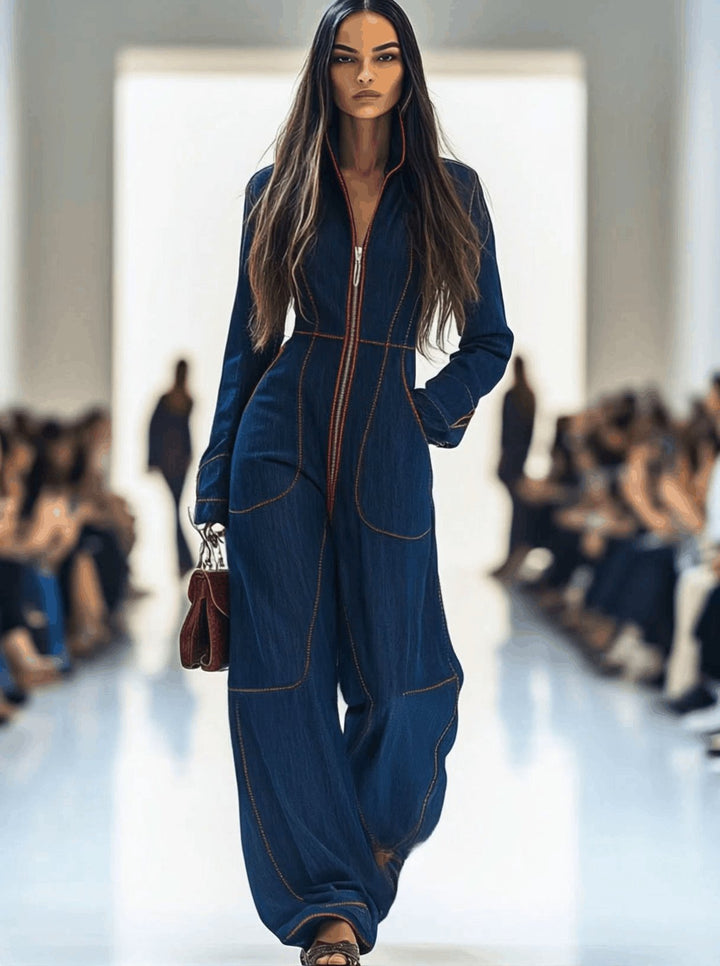 Stylish dark blue wide leg jumpsuit for women, long sleeve, zip front. Perfect for office or brunch.