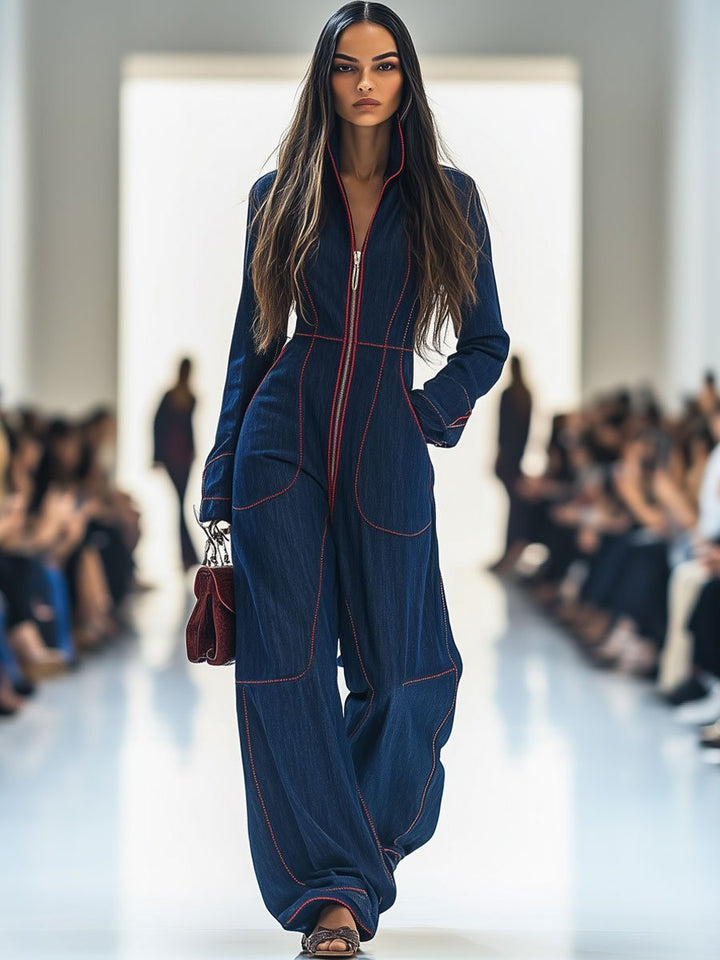 Comfortable women's dark blue wide leg jumpsuit, long sleeve, zip front. Versatile day to night outfit.
