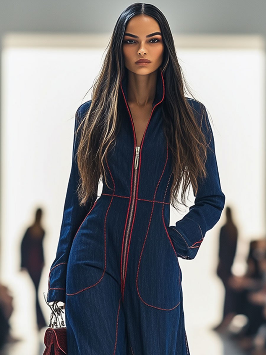 Modern women's dark blue wide leg jumpsuit, long sleeve with zip front. Features comfortable fit.