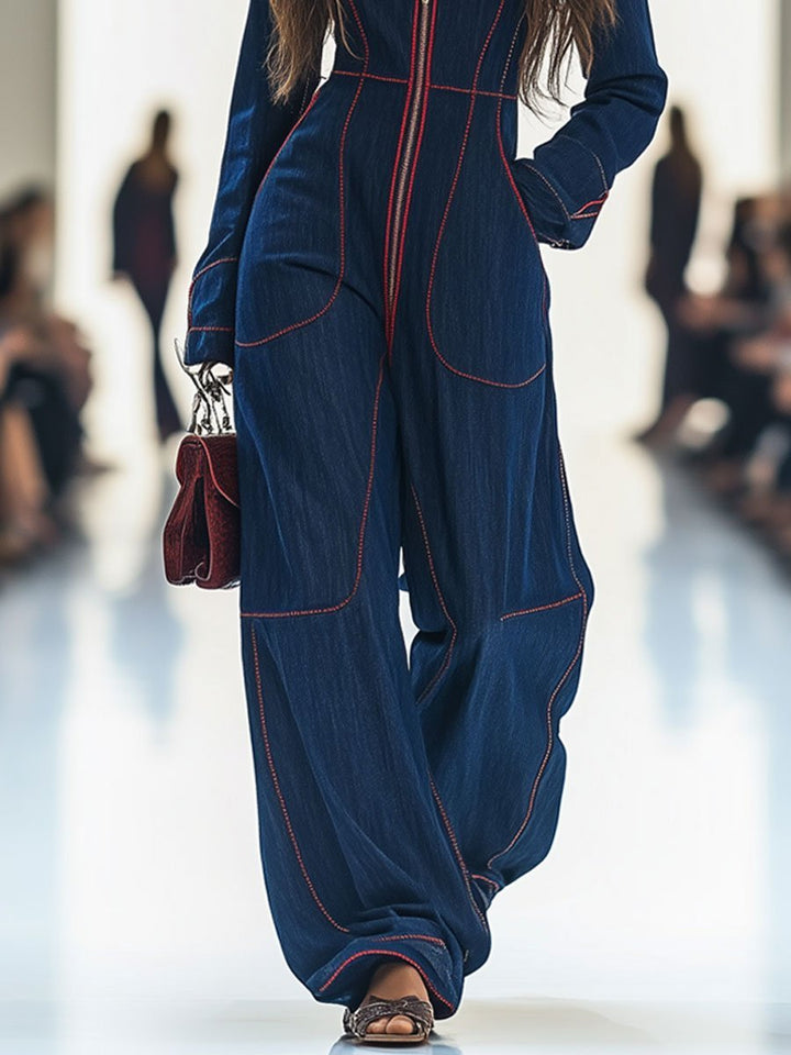 Elegant dark blue wide leg jumpsuit for women, long sleeve, zip front. Trendy, comfortable fashion.