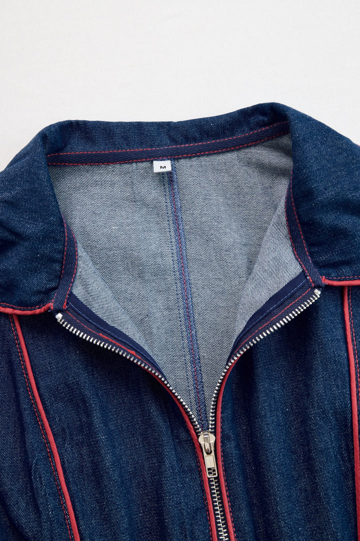 Women's dark blue wide leg jumpsuit, long sleeve zip front, ideal for office wear or casual elegance.