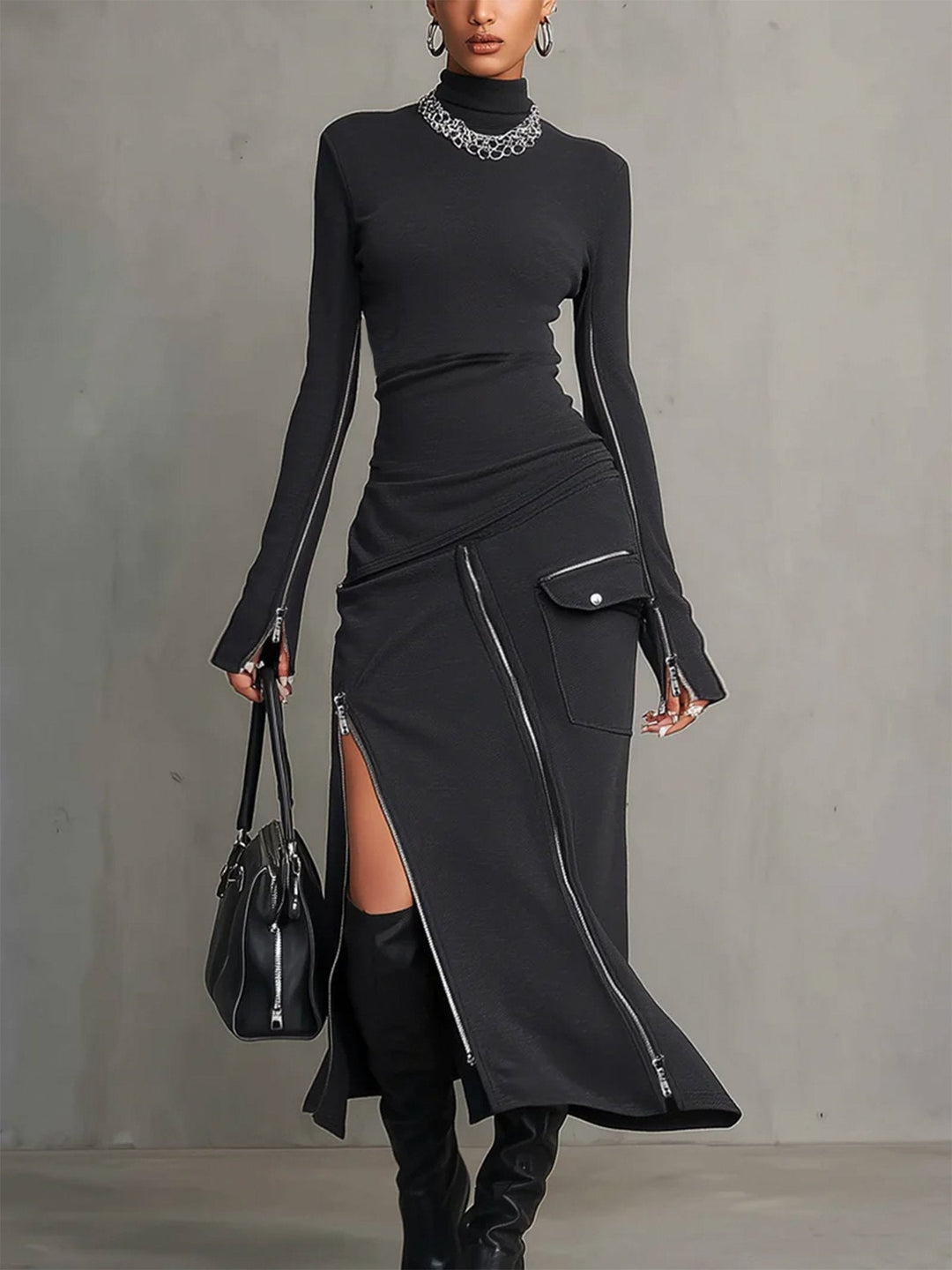 Women's dark grey turtleneck two-piece skirt set with a chic asymmetric hem, perfect for modern casual wear.
