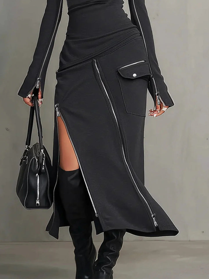 Casual women's dark grey turtleneck top and matching skirt set, a chic two-piece outfit for everyday style.