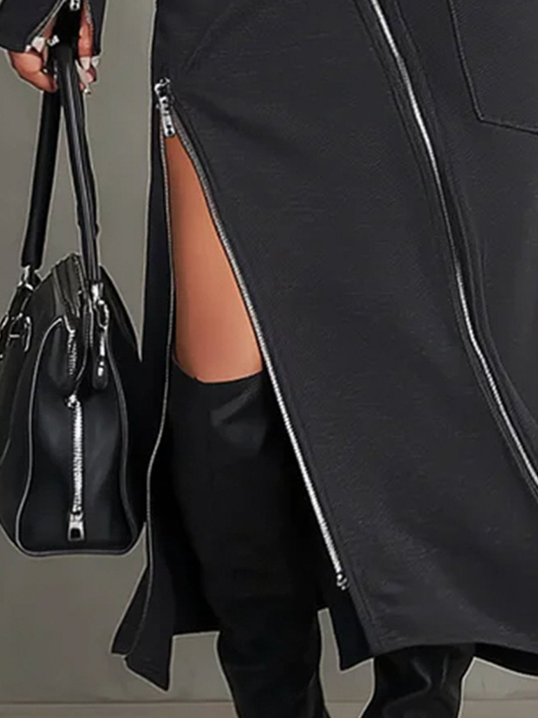 Stylish women's dark grey two-piece set: a comfortable turtleneck top & an asymmetric skirt. Perfect for modern fashion.
