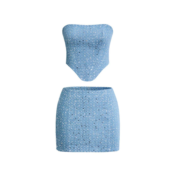 Glamorous women's blue sequin mini dress, strapless bodycon for event wear. Dazzle at any party.