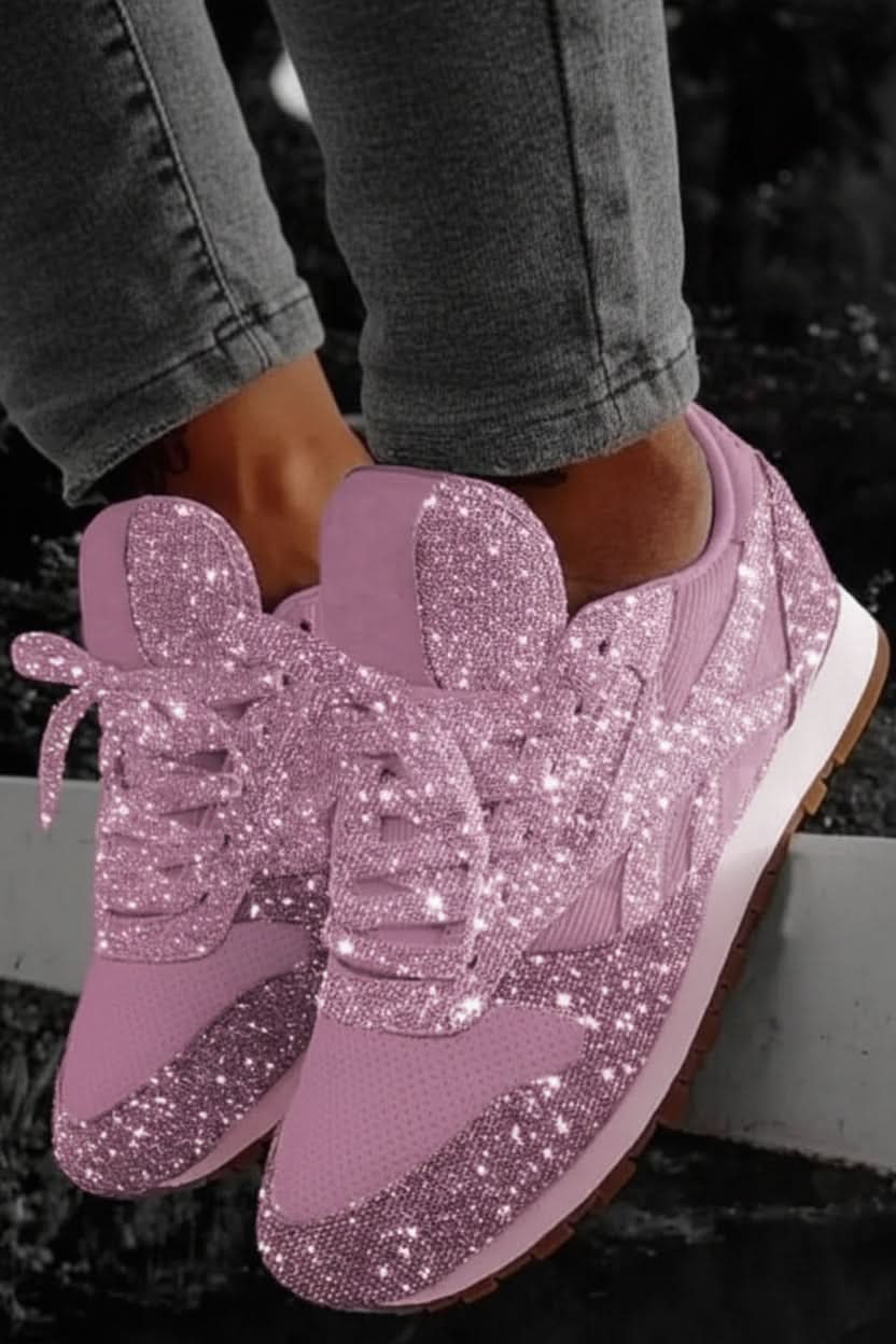 Close-up of sparkling women's glitter sneakers, showcasing dazzling details & comfortable fit.