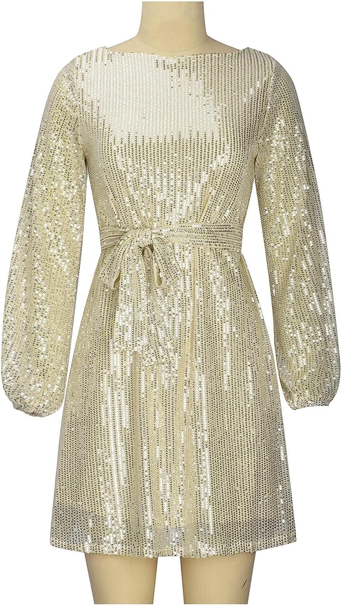 Detailed view of a dazzling women's sequin mini dress, showing glitter fabric & long sleeves.