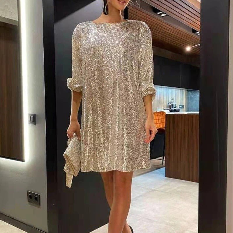 Glittering sequin mini dress for women, elegant long sleeve party wear.
