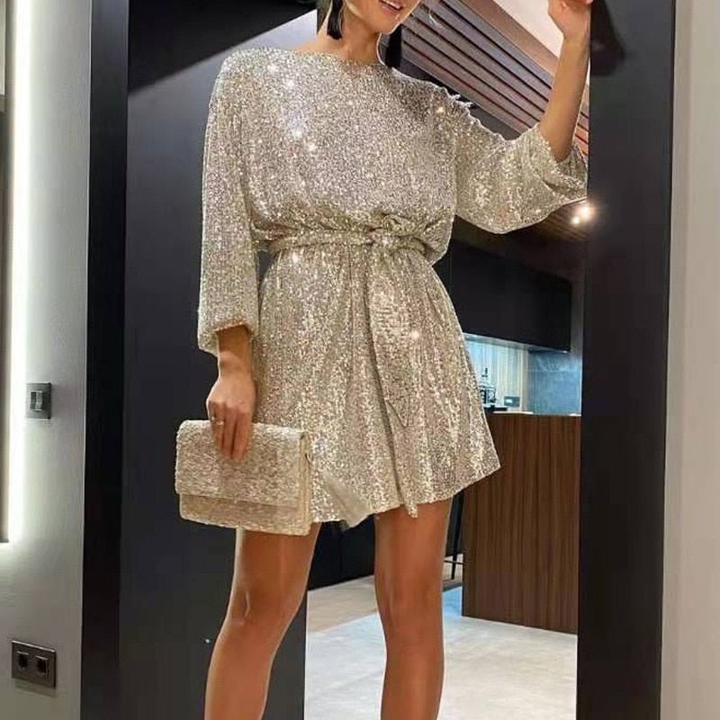 Chic women's sequin mini evening dress, ideal for parties & special events.