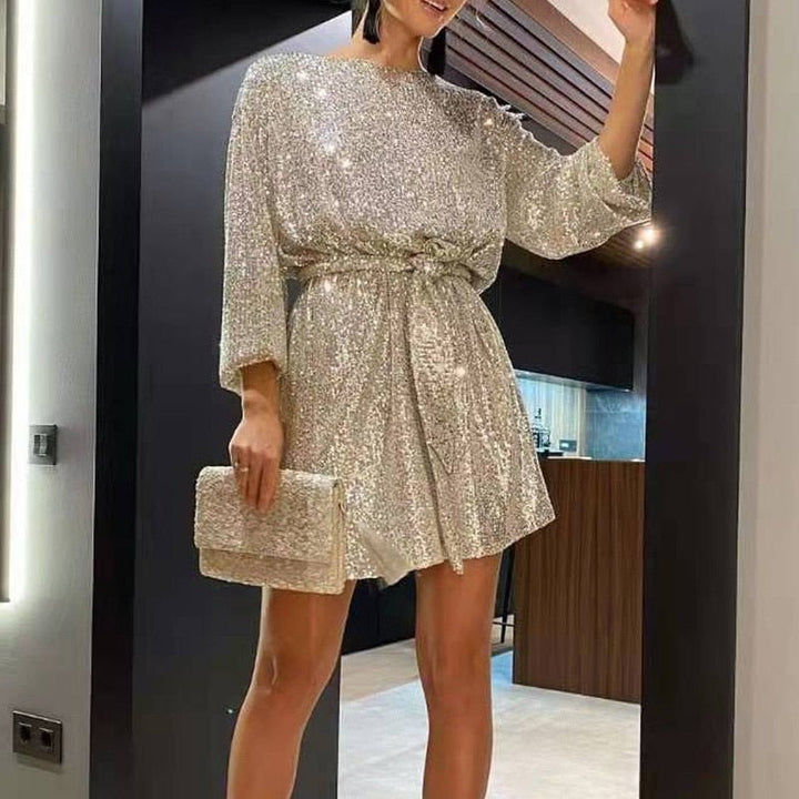Chic women's sequin mini evening dress, ideal for parties & special events.