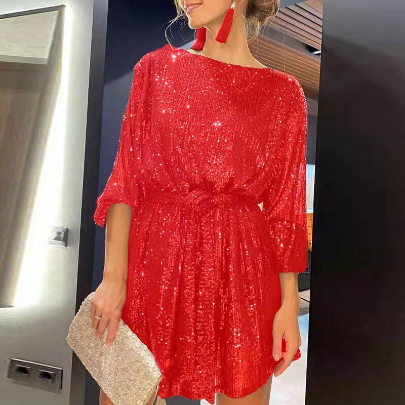 Sparkly women's long sleeve sequin mini dress, dazzling glitter for any party.