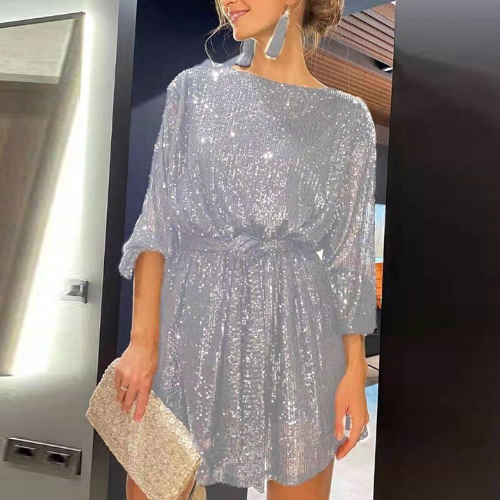 Glamorous women's sequin mini dress, loose fit long sleeve for parties & evenings.