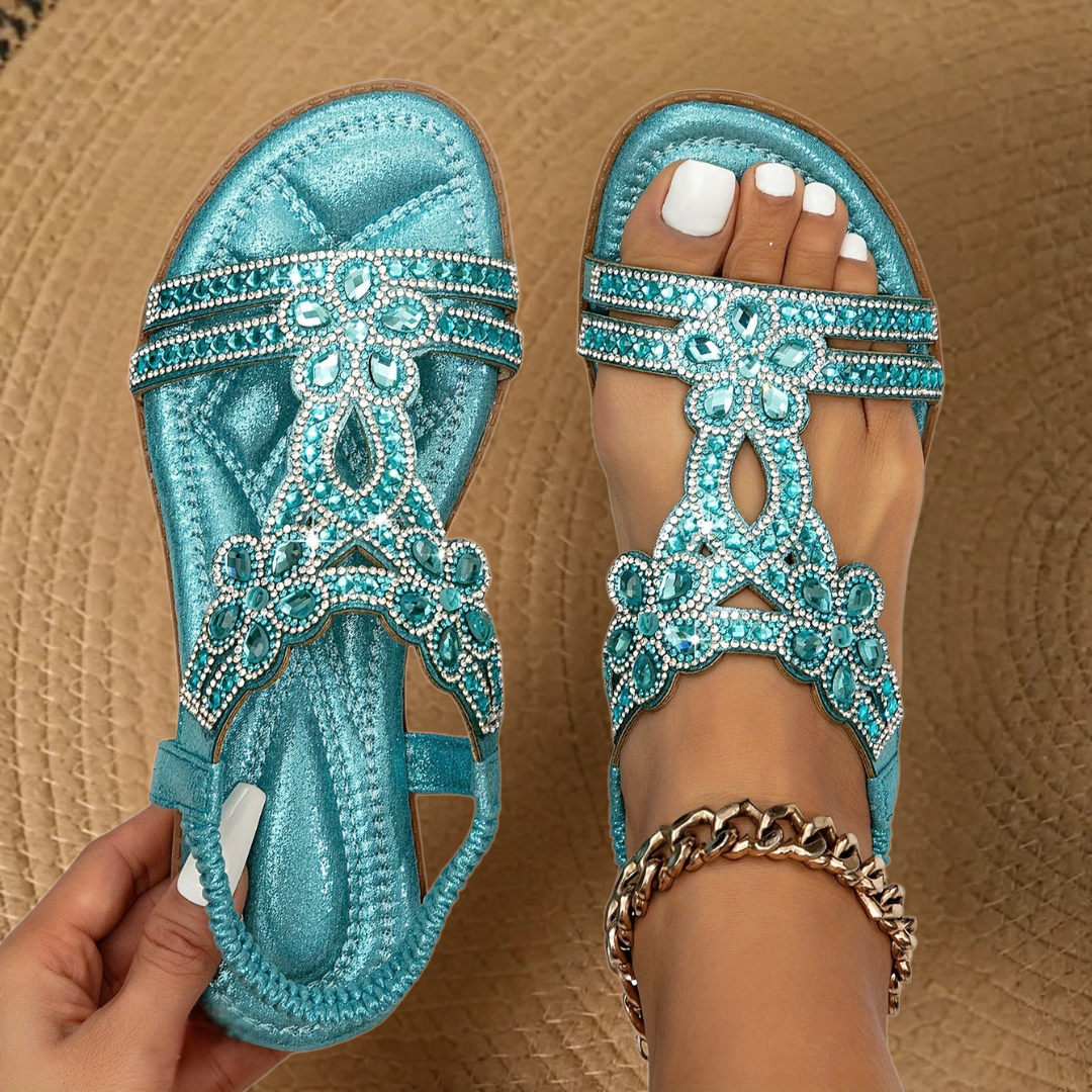 Women's dazzling rhinestone flat sandals, perfect for summer casual wear & vacations.