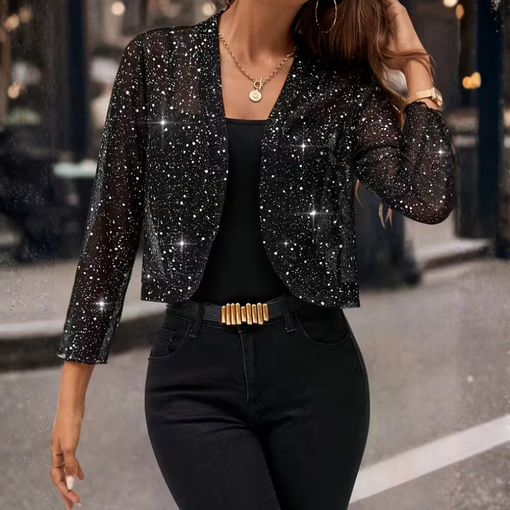 Chic women's sequin jacket for evening wear & party tops. Dazzling glitter fashion & sparkle, open front style.