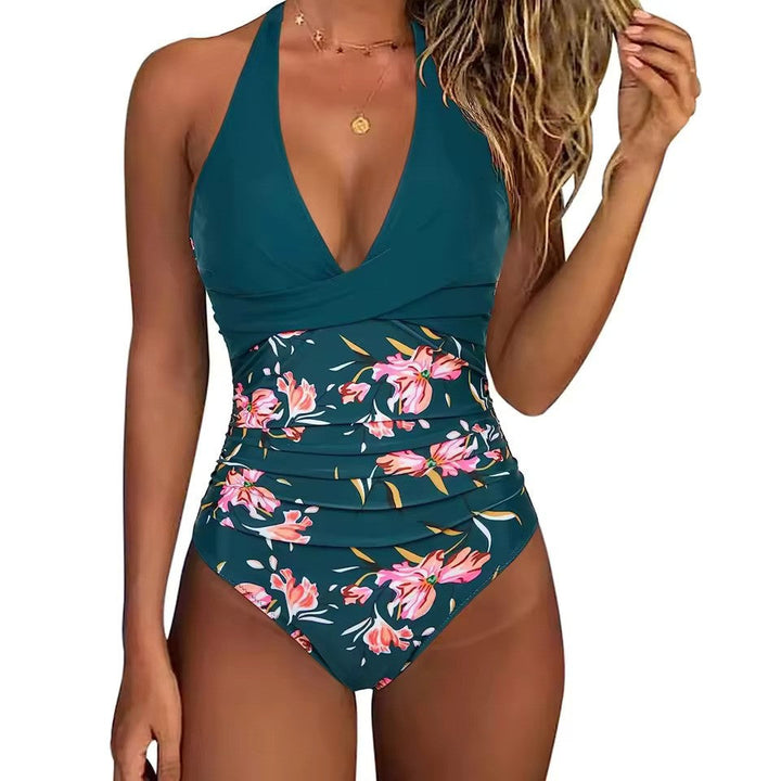 Deep V one-piece swimsuit for women, showcasing a stylish & secure fit.