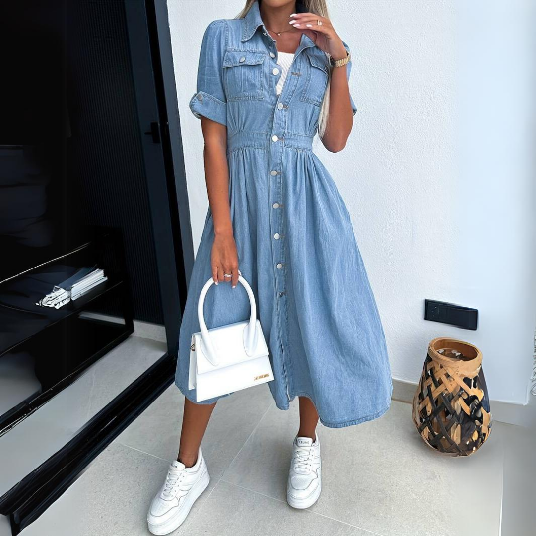 Women's denim button-up midi dress with short sleeves, perfect for casual spring & summer style. Flattering day dress.