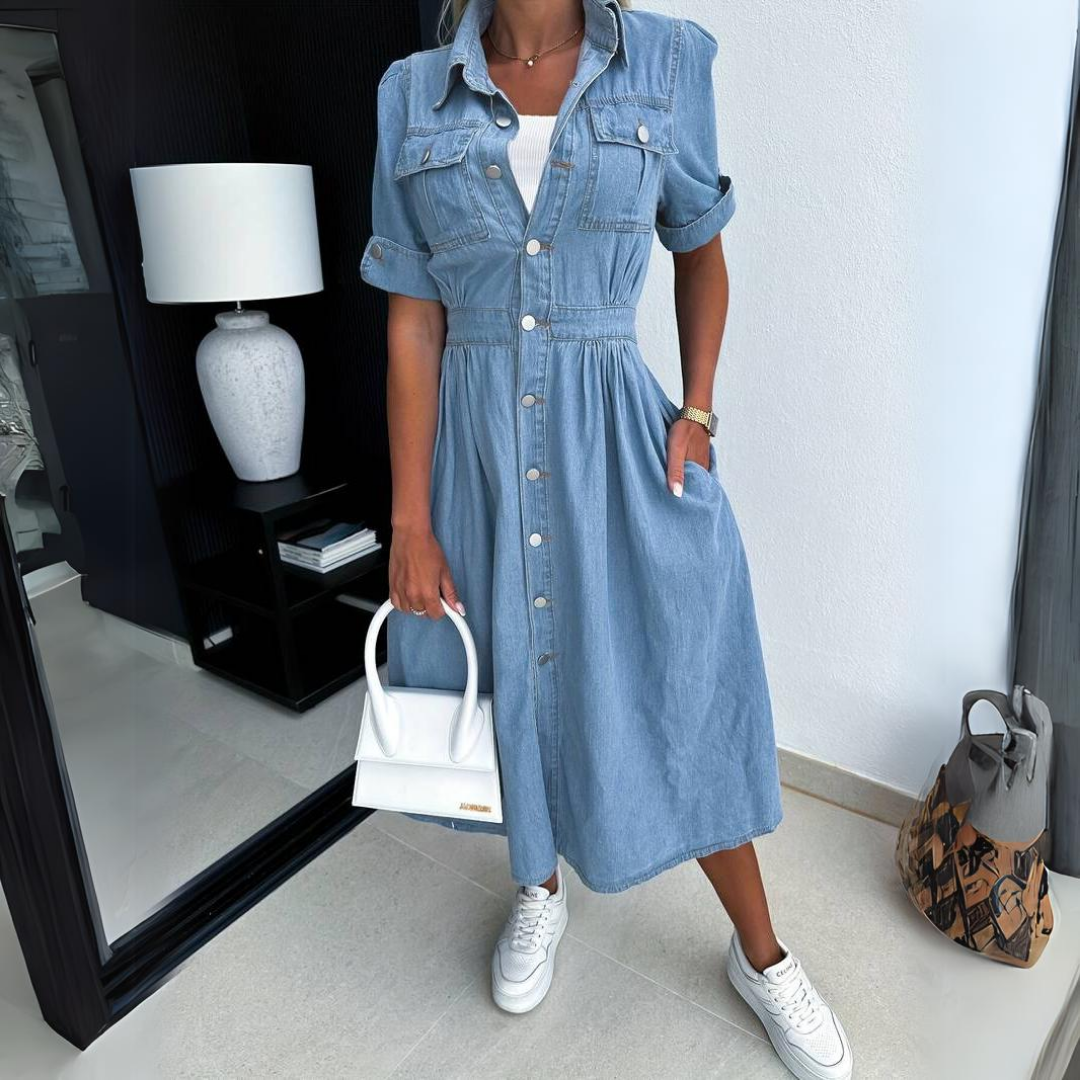 Versatile women's denim midi dress, button-up front, short sleeves. Ideal for casual elegance, spring & summer fashion.