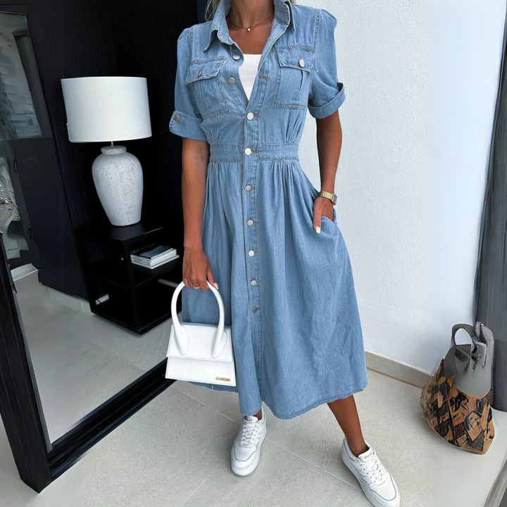 Versatile women's denim midi dress, button-up front, short sleeves. Ideal for casual elegance, spring & summer fashion.