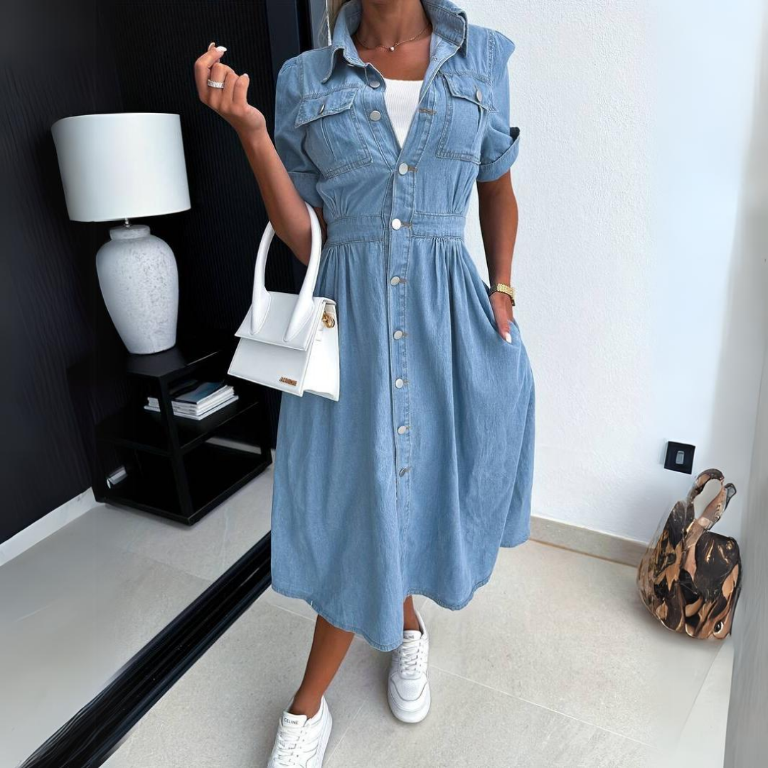 Stylish women's short-sleeve denim midi dress. Features button-up front & flattering fit. Great for casual day wear.