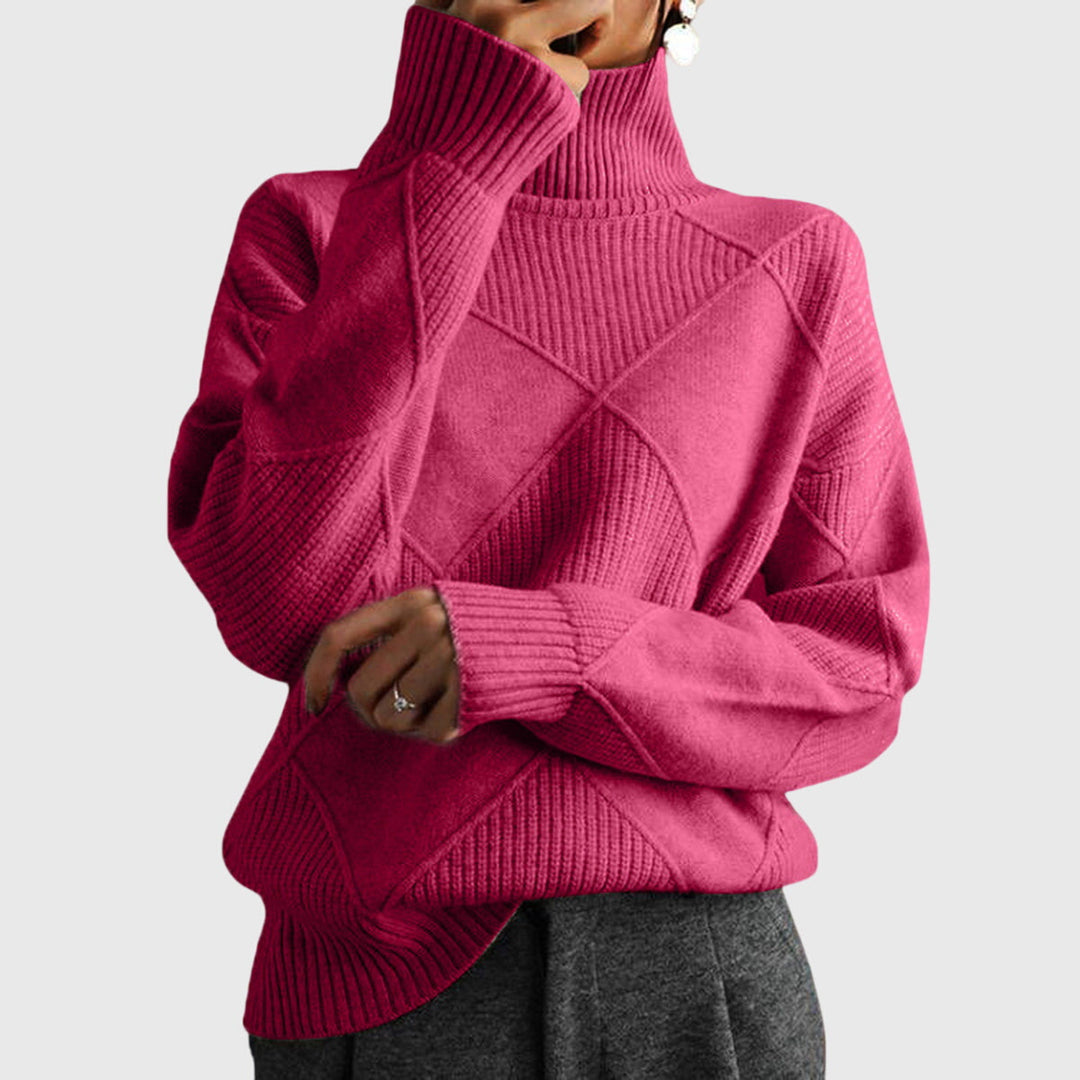 Women's diagonal seam roll neck sweater in cozy knit for elegant winter style.
