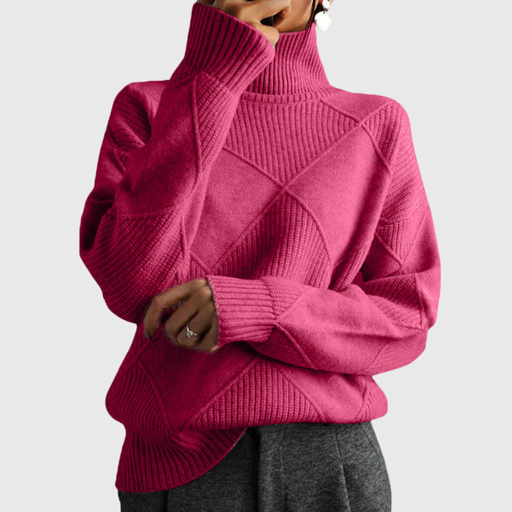 Women's diagonal seam roll neck sweater in cozy knit for elegant winter style.