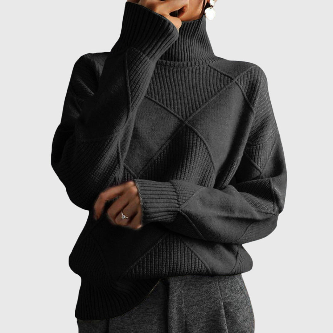 Stylish women's clothing: warm roll neck sweater with unique diagonal seam, long sleeve.