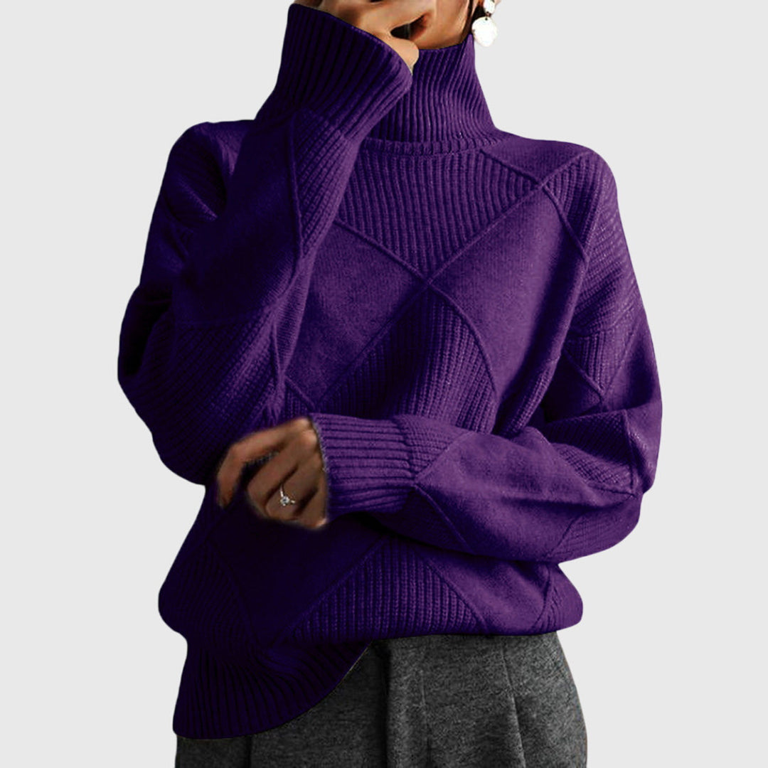 Elegant diagonal seam roll neck sweater for women, a cozy and versatile winter essential.
