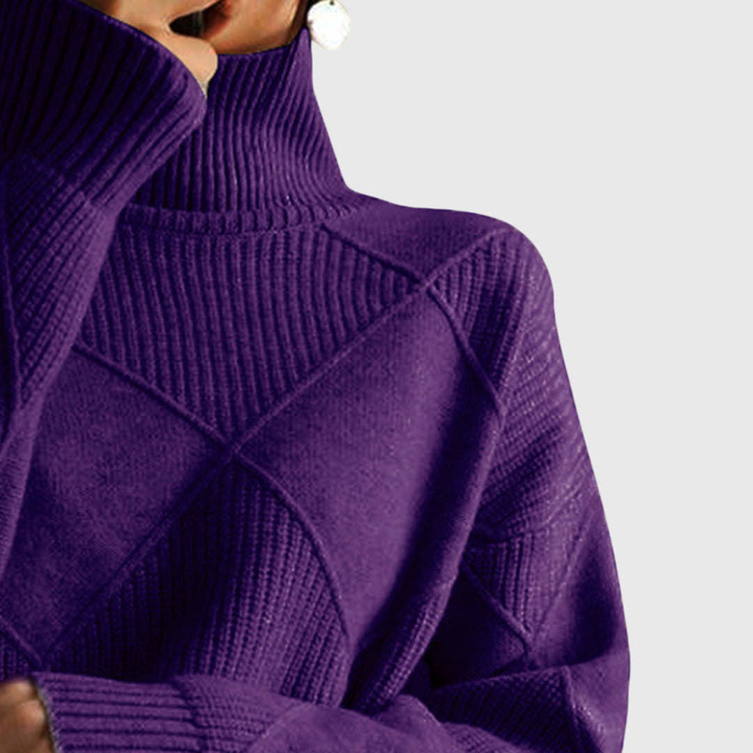 Stylish women's roll neck sweater, cozy, warm, and featuring a distinctive diagonal seam.