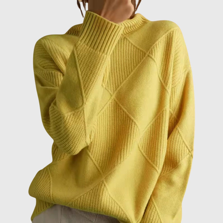 Elegant women's roll neck sweater, versatile diagonal seam design for a polished winter look.
