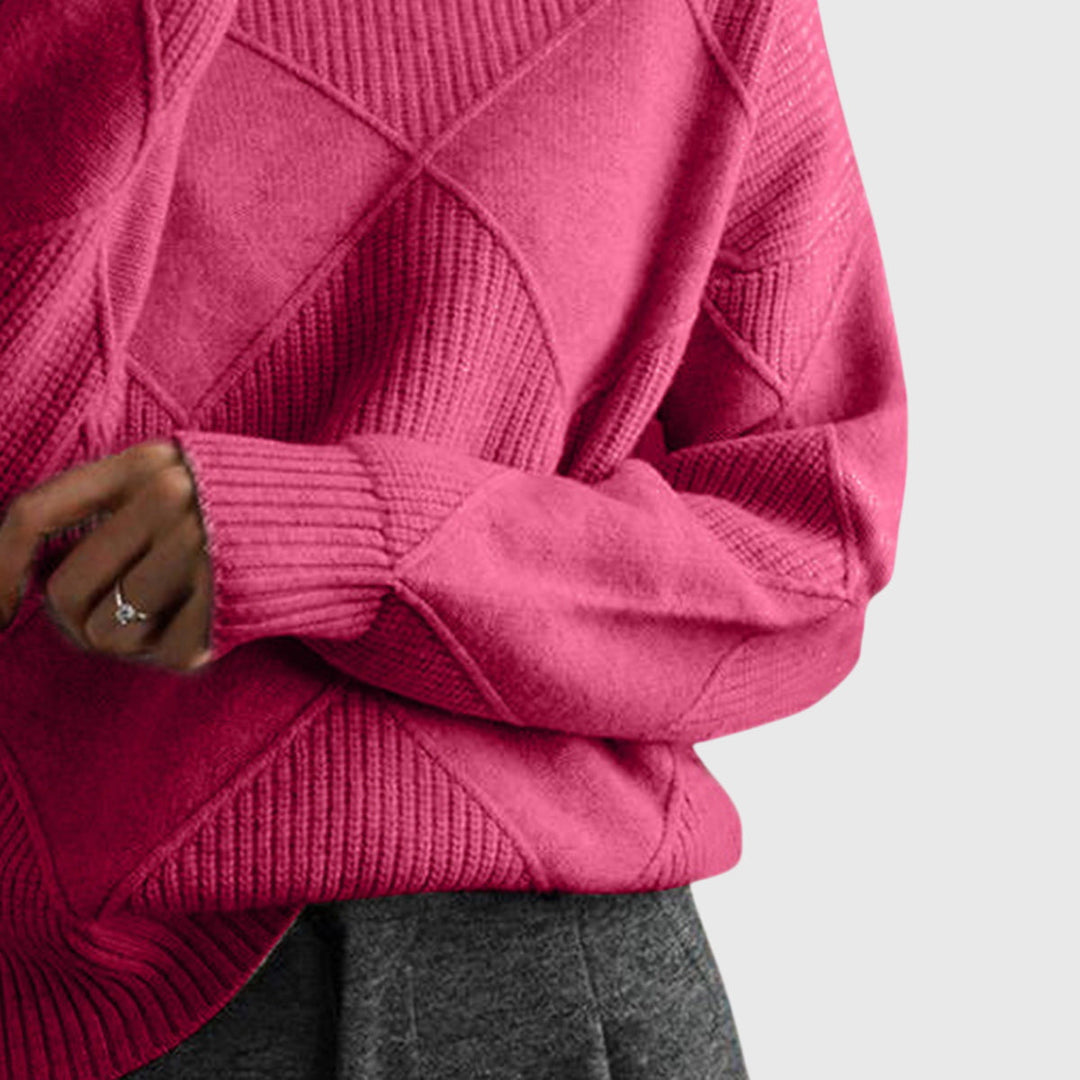 Stylish women's roll neck jumper with unique diagonal seam, perfect for winter fashion.