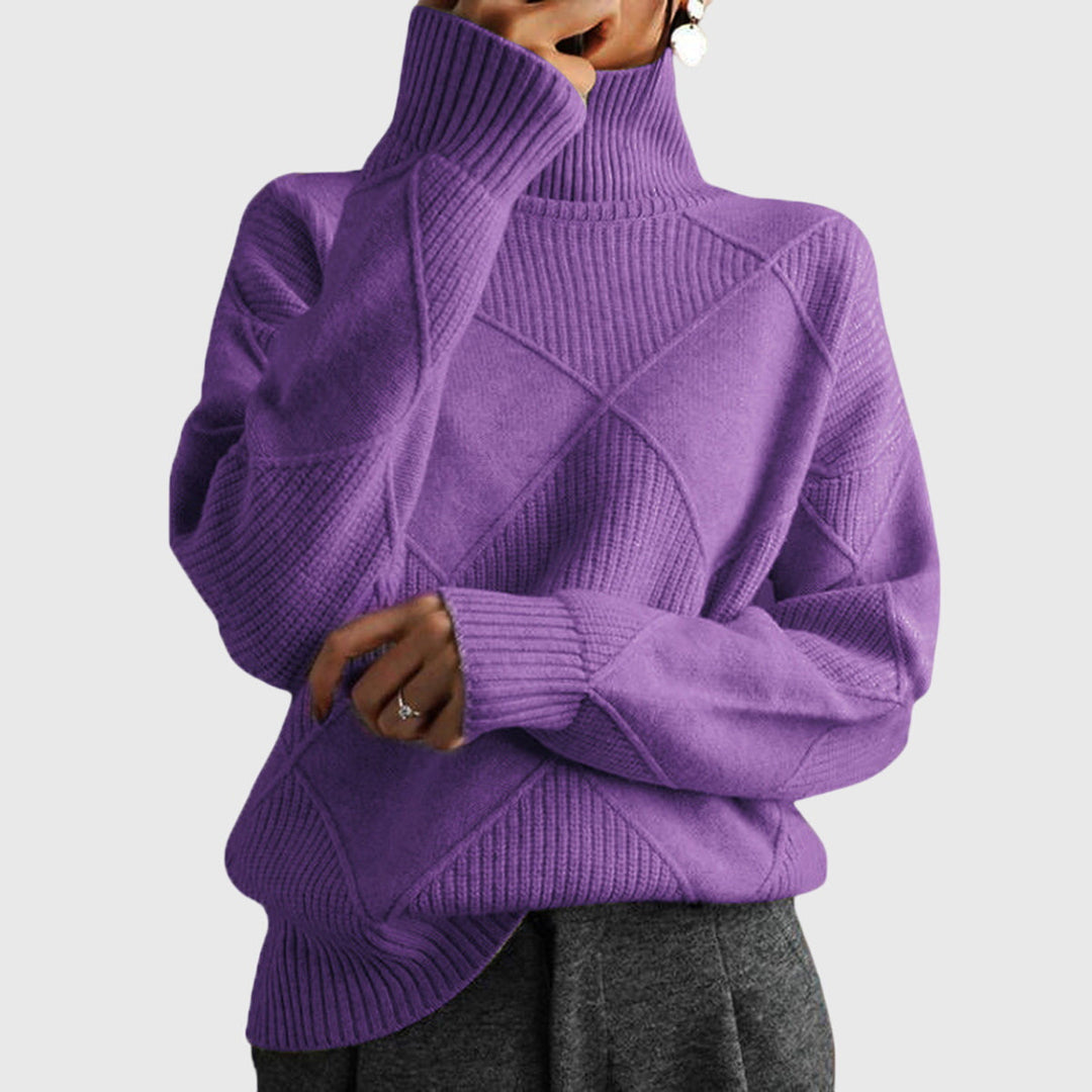 Warm women's apparel: elegant roll neck sweater with distinctive diagonal seam detail.