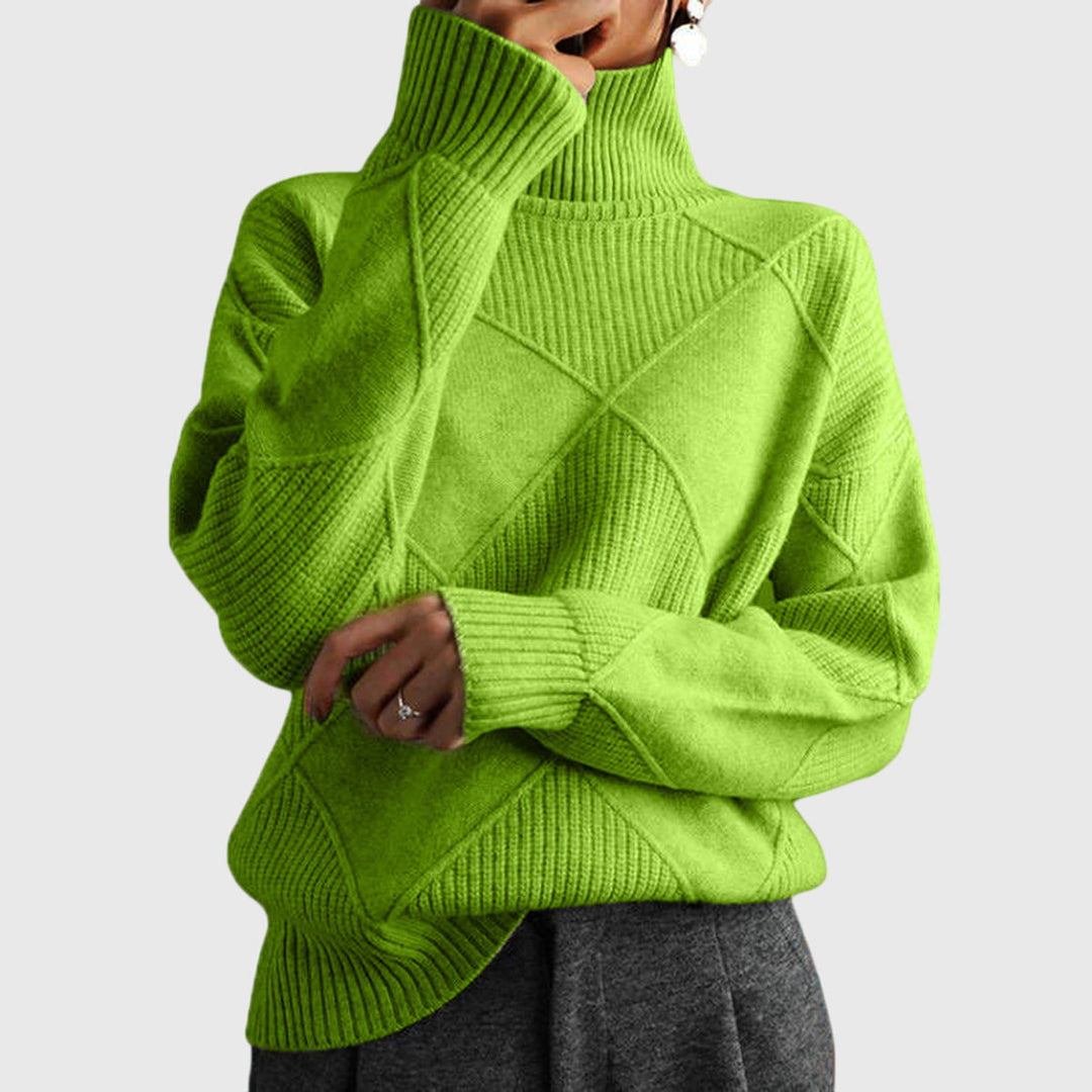 Elegant women's diagonal seam sweater, warm and stylish with a flattering roll neck.