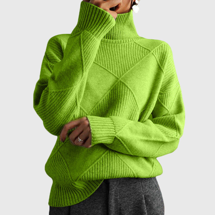 Elegant women's diagonal seam sweater, warm and stylish with a flattering roll neck.