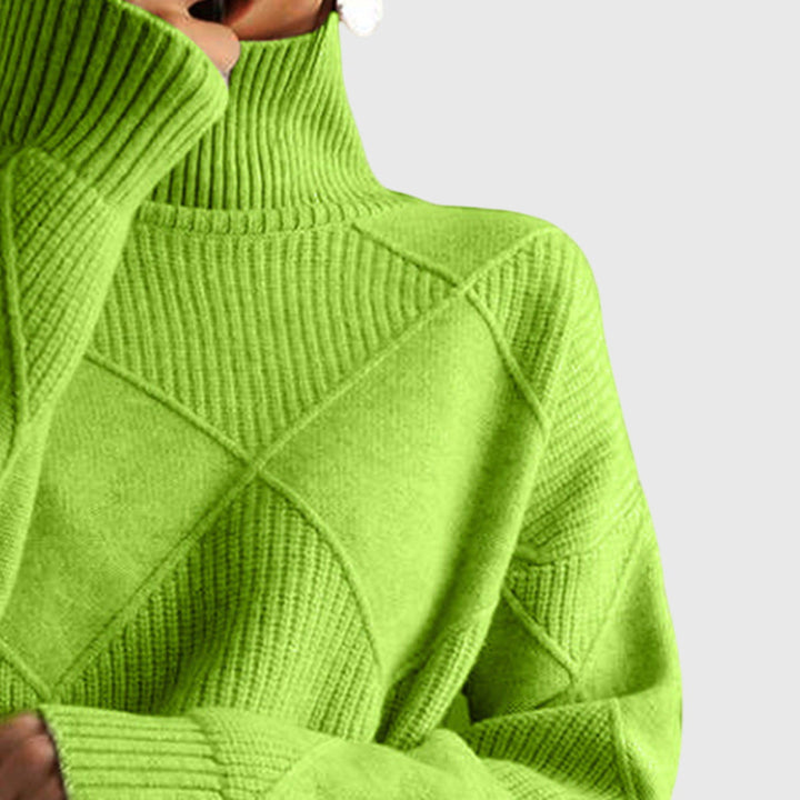 Versatile women's roll neck sweater, diagonal seam detail, perfect for relaxed winter style.