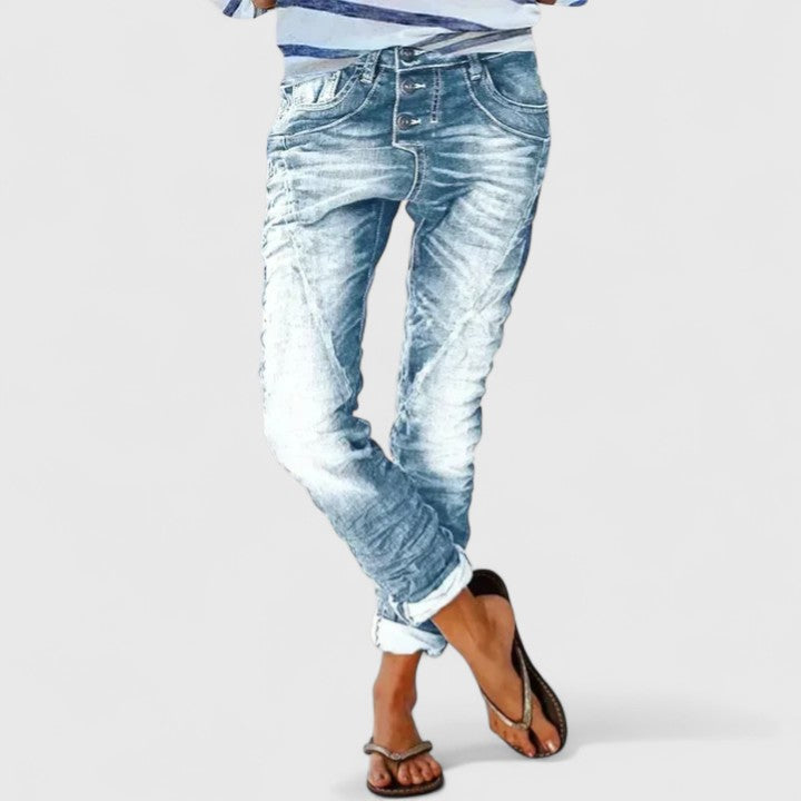 Gray distressed wide leg jeans, women's relaxed fit denim, trendy vintage style.