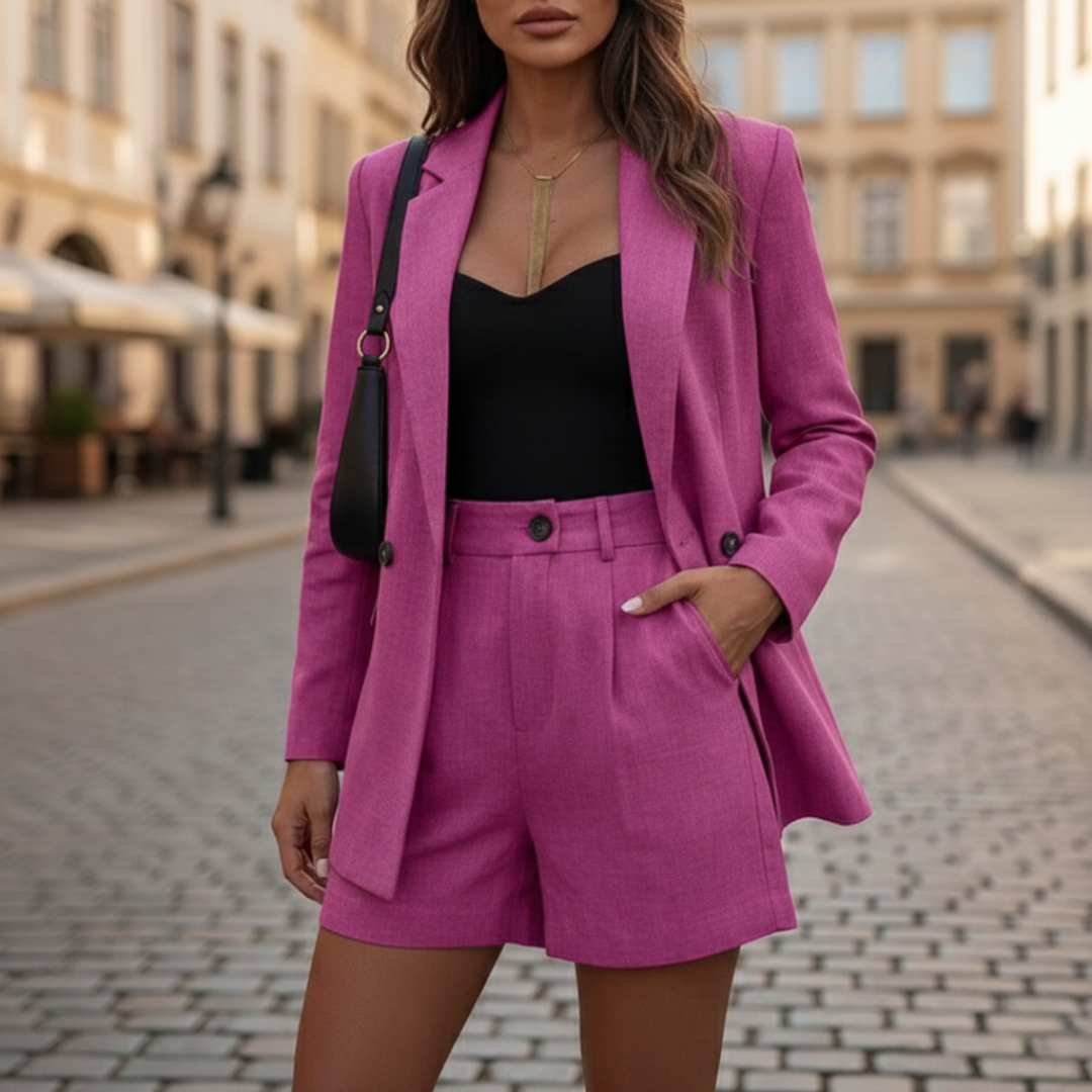 Elegant women's double-breasted blazer & shorts ensemble. Chic two-piece suit set with high-waist shorts.
