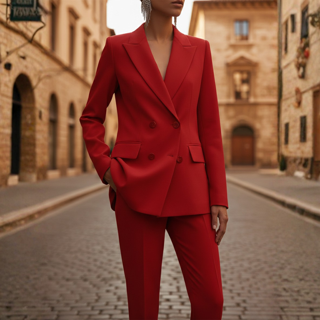 Women's versatile double-breasted suit set. Business blazer & straight leg pants for workwear or formal events.