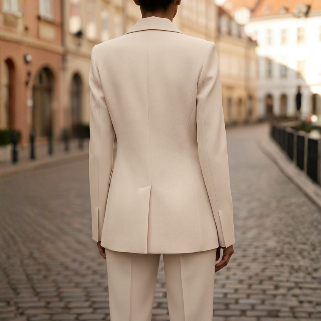 Elegant women's two-piece double-breasted suit. Fashionable blazer & straight pants for business or formal events.