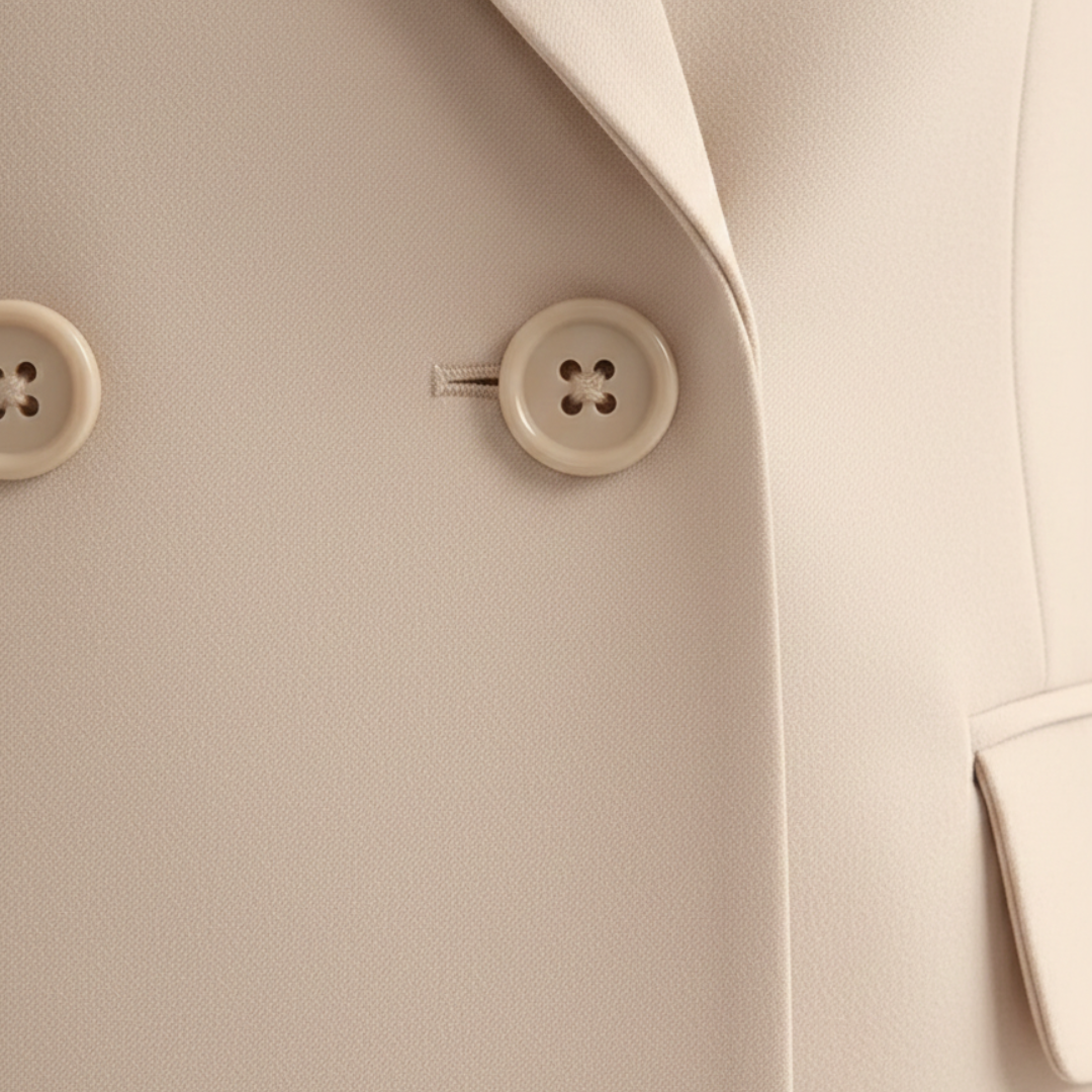 Professional women's tailored suit set: a chic double-breasted blazer and flattering straight-leg trousers.