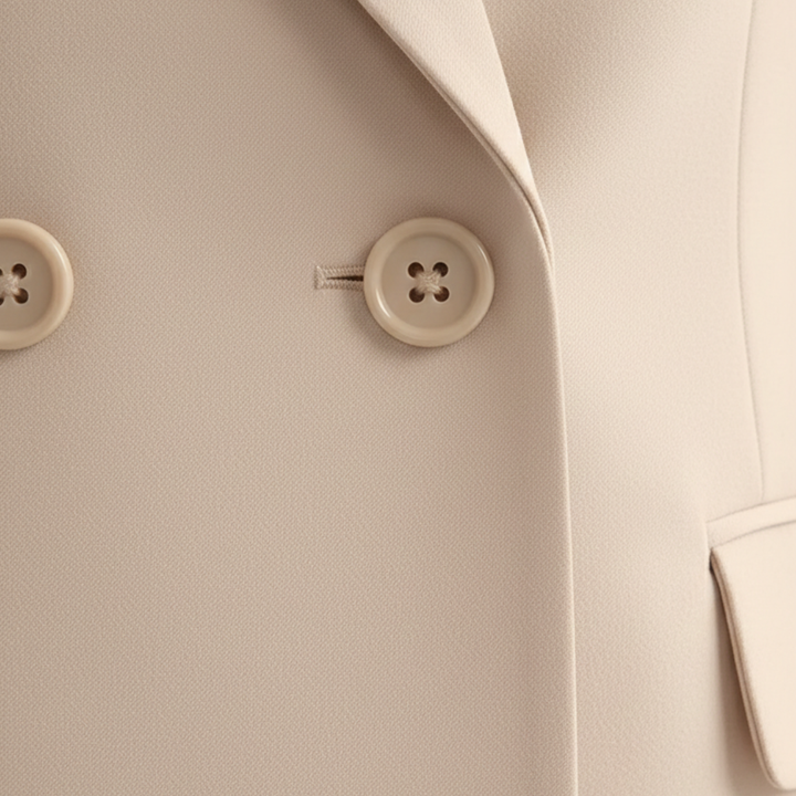 Professional women's tailored suit set: a chic double-breasted blazer and flattering straight-leg trousers.