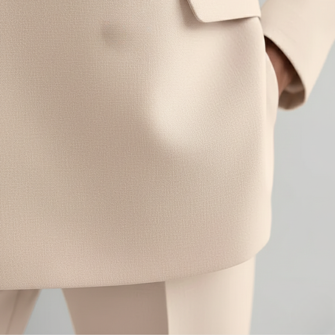 Modern women's workwear suit, featuring a double-breasted jacket and straight-leg pants, perfect for business attire.