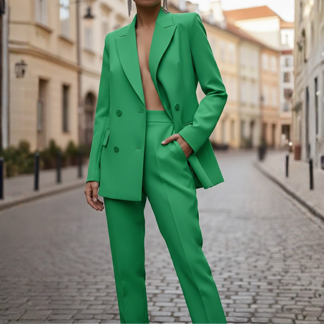 Two-piece women's suit set: a sharp double-breasted blazer and comfortable straight-leg pants for work.