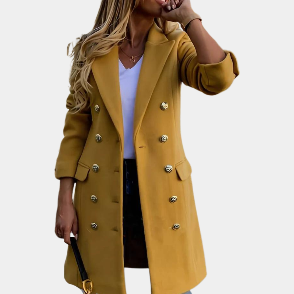 Women's double-breasted trench coat with a cinched waist. Elegant outerwear perfect for fall and workwear.