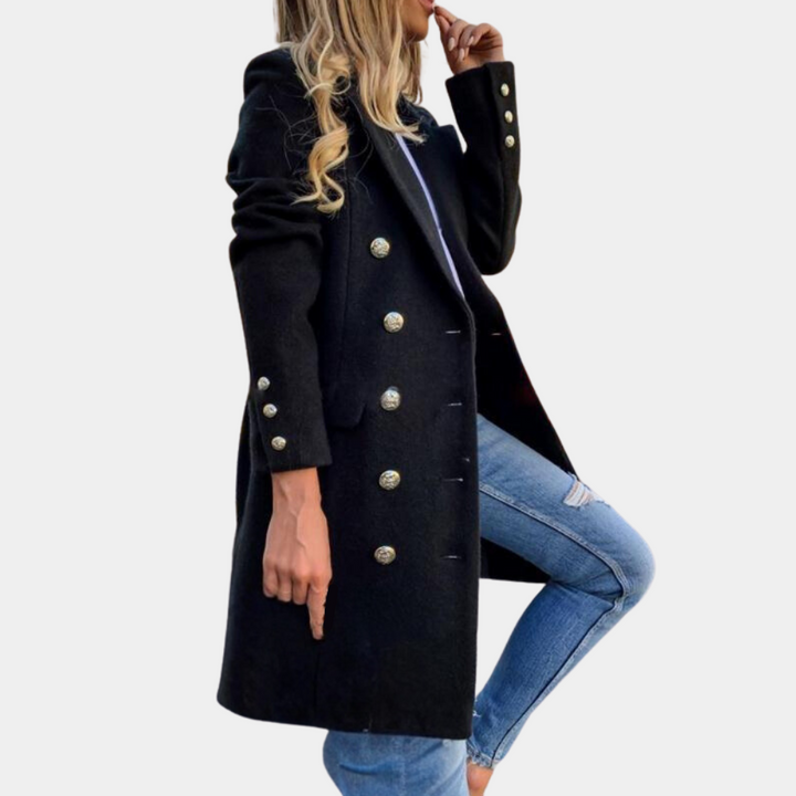 Classic women's double-breasted trench coat with a flattering cinched waist, a timeless long coat for any season.