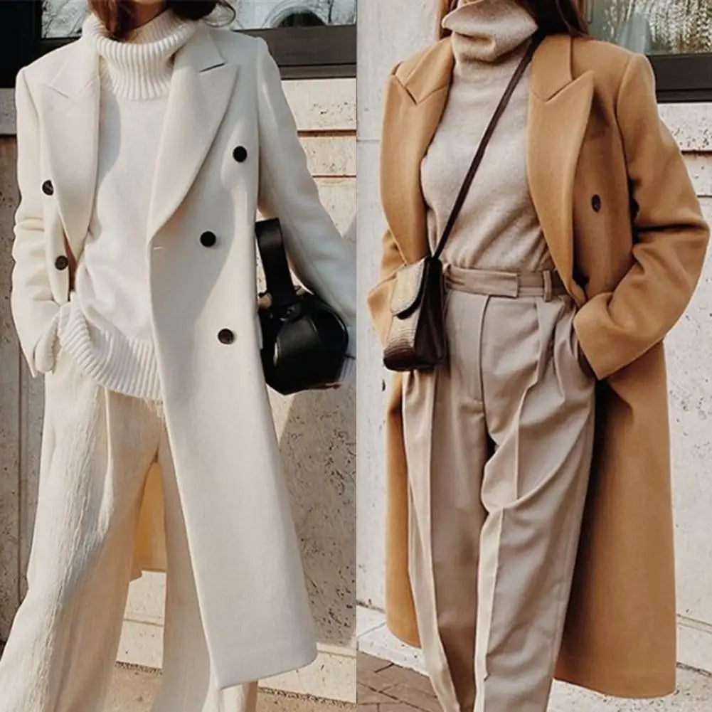 Women's double-breasted trench coat with a notch collar, perfect for professional workwear and elegant fall fashion.