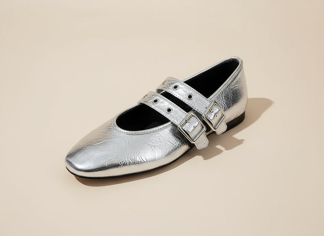 Women's double buckle flats with an almond toe, perfect for modern chic office wear & smart casual elegance.