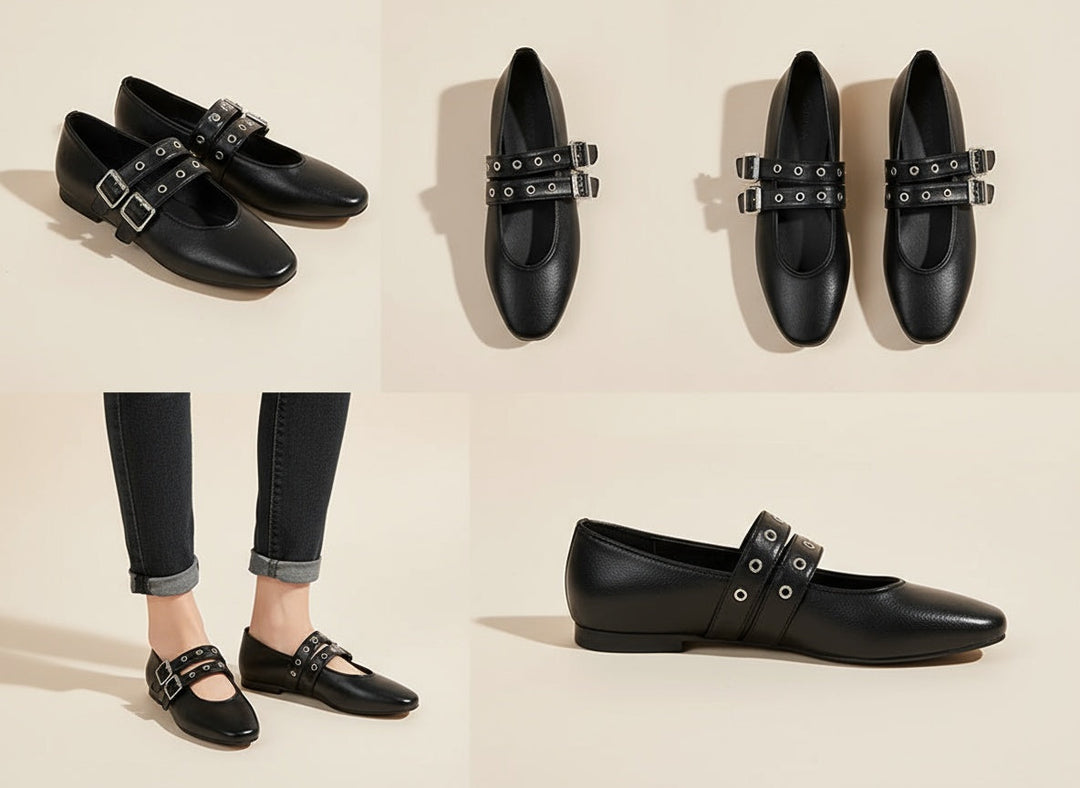 Elegant women's almond toe flats with double buckle straps. Chic and stylish footwear for office & casual outfits.